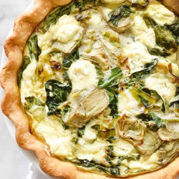 Spinach Artichoke and Goat Cheese Quiche is a simple and savory quiche with an Almondmilk and egg custard base | foodiecrush.com