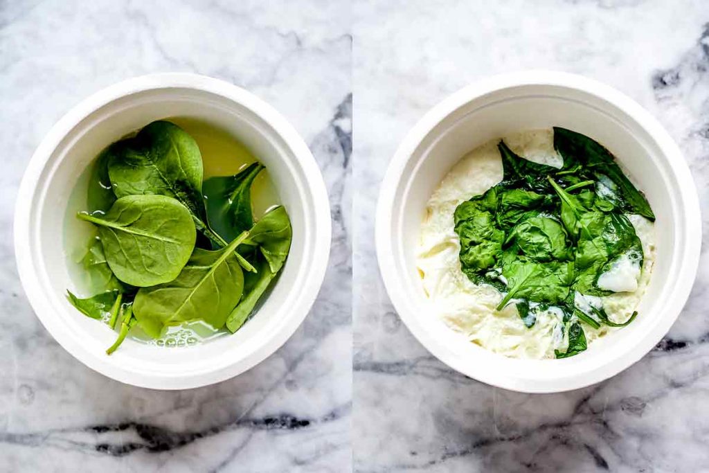 Spinach and egg in bowls foodiecrush.com