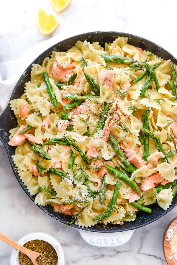 Creamy Asparagus & Salmon Pasta from foodiecrush.com on foodiecrush.com