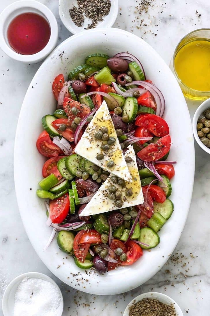 Horiatiki Greek Salad with olive oil and red wine vinegarfoodiecrush.com