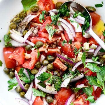 Mediterranean Tomato Salad | foodiecrush.com #recipes #tomato #salad #parsley #capers