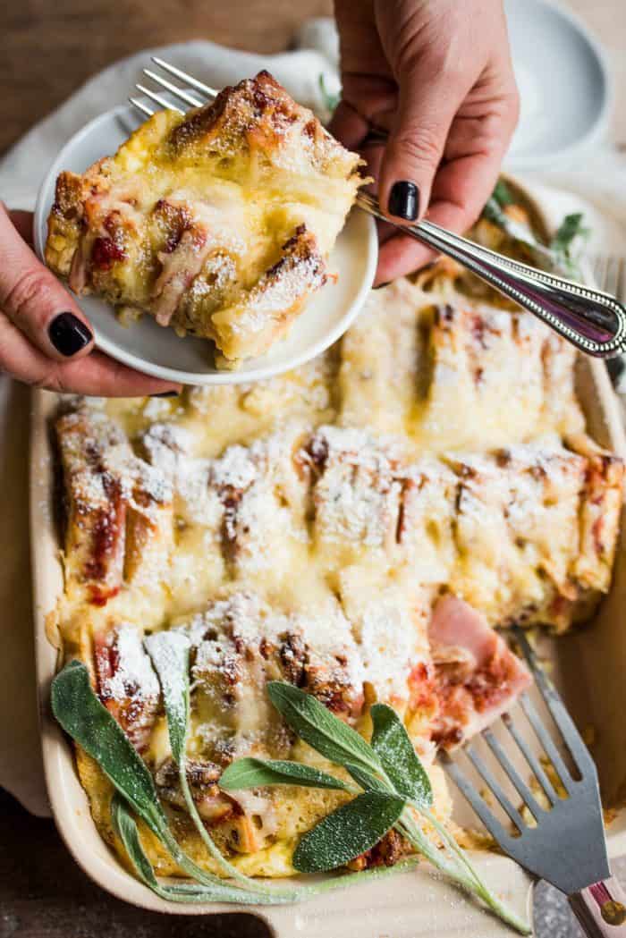 Overnight Monte Cristo Breakfast Casserole from reluctantentertainer.com on foodiecrush.com