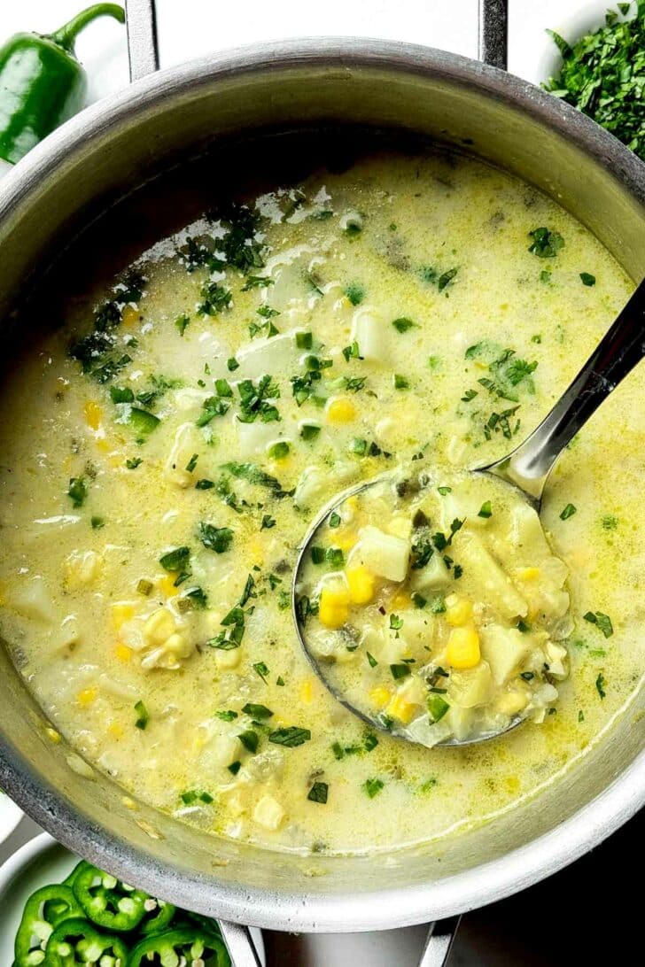 Potato Soup with Jalapeño in pot foodiecrush.com