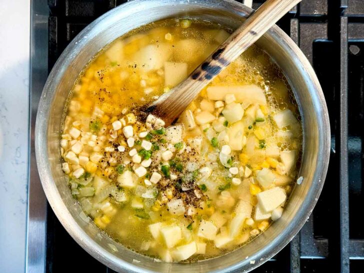 Potato Soup with Jalapeño on stove in pot foodiecrush.com