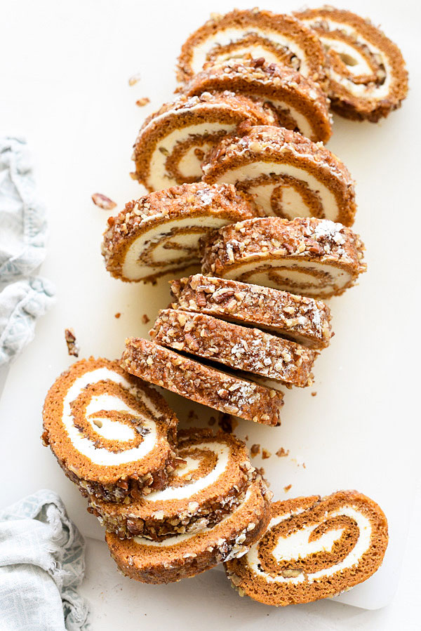sliced pumpkin cream cheese roll with nuts