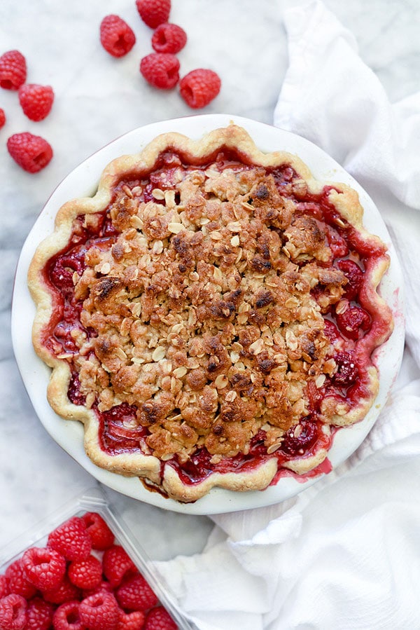 Rhubarb and Raspberry Pie With Oatmeal Crumble from foodiecrush.com on foodiecrush.com