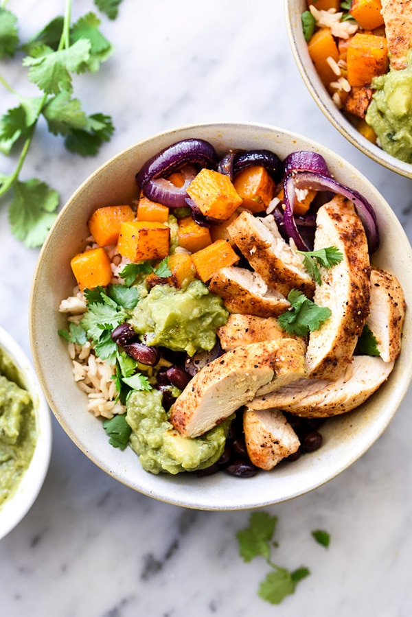 Roasted Chicken, Butternut Squash and Guacamole Rice Bowls from foodiecrush.com on foodiecrush.com