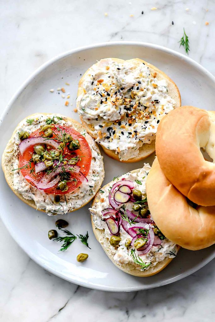 Salmon Cream Cheese Bagels on plate foodiecrush.com