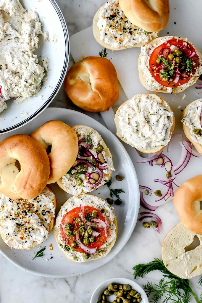 Salmon Cream Cheese Bagels on plate foodiecrush.com