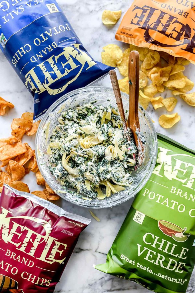Easy Baked Spinach Artichoke Dip with Kettle Chips | foodiecrush.com