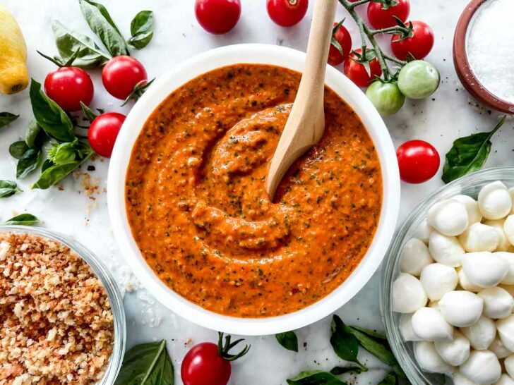 Tomato Pesto in bowl with pasta sauce ingredients foodiecrush.com