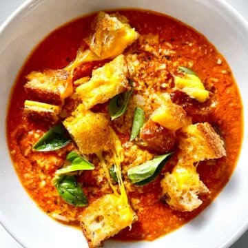 Tomato Soup with Grilled Cheese Croutons foodiecrush.com