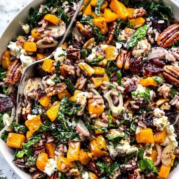 Kale Salad with Wild Rice, Butternut Squash, and Goat Cheese prep foodiecrush.com